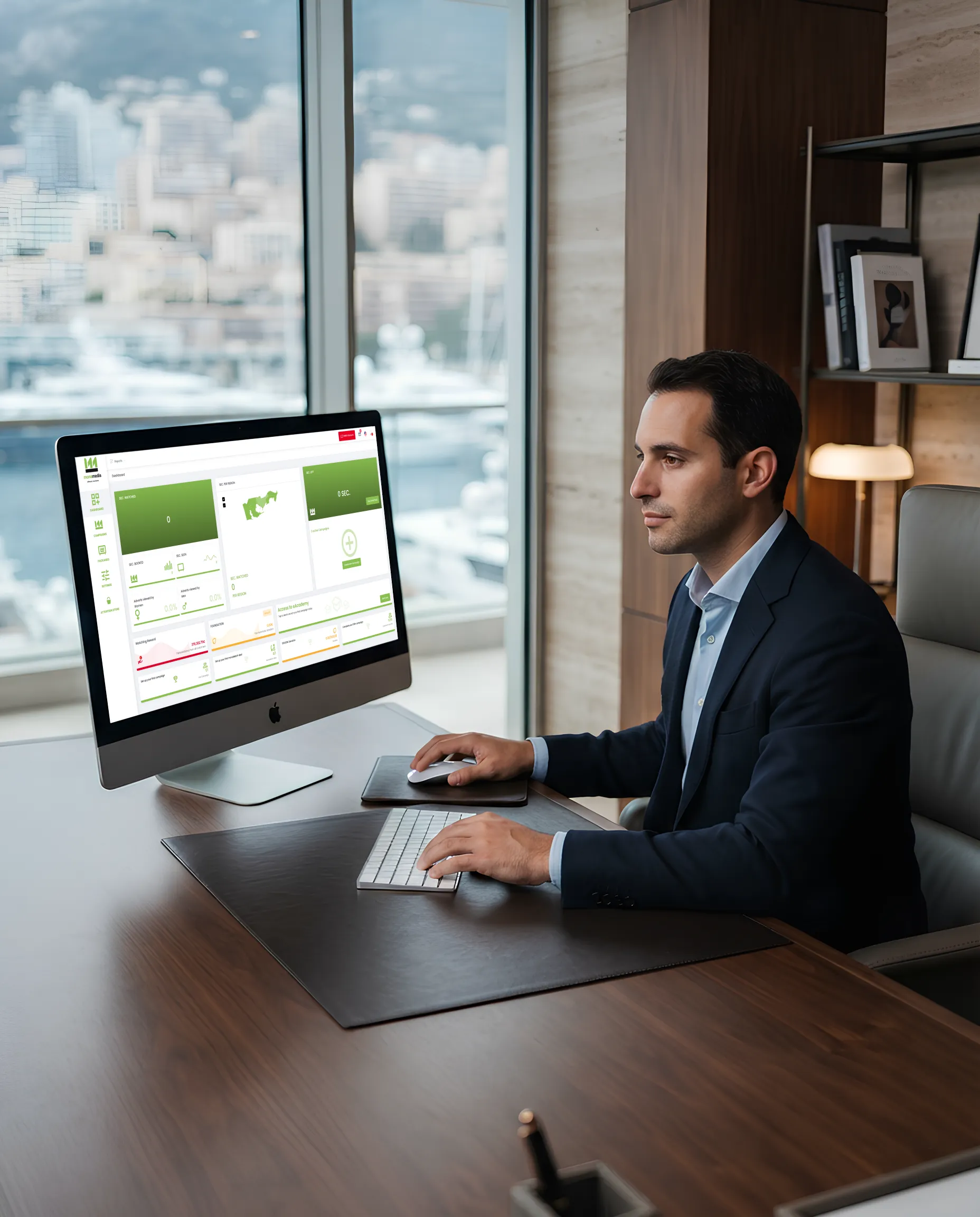 Advertiser reviewing campaign performance on an iMac in a luxury office
