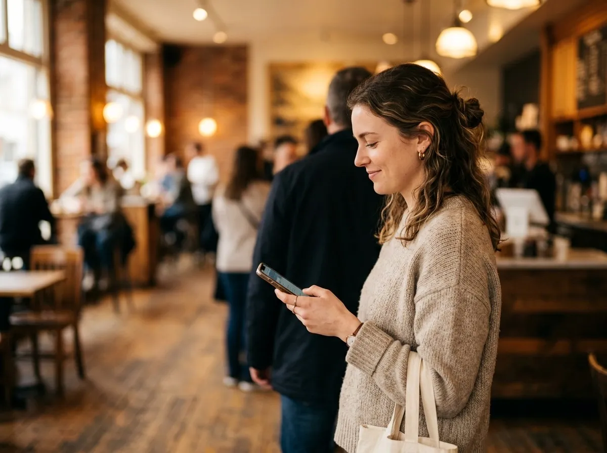 Person in a cafe looking at a phone