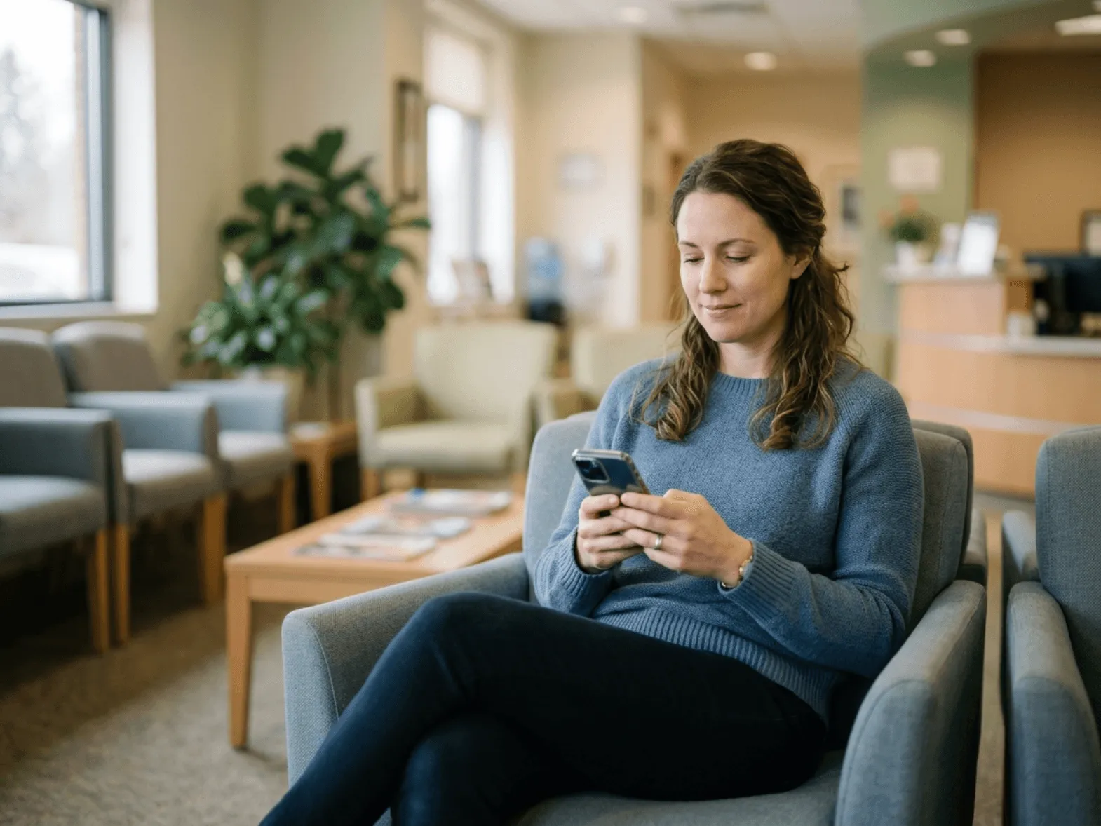 Person with a phone at a table