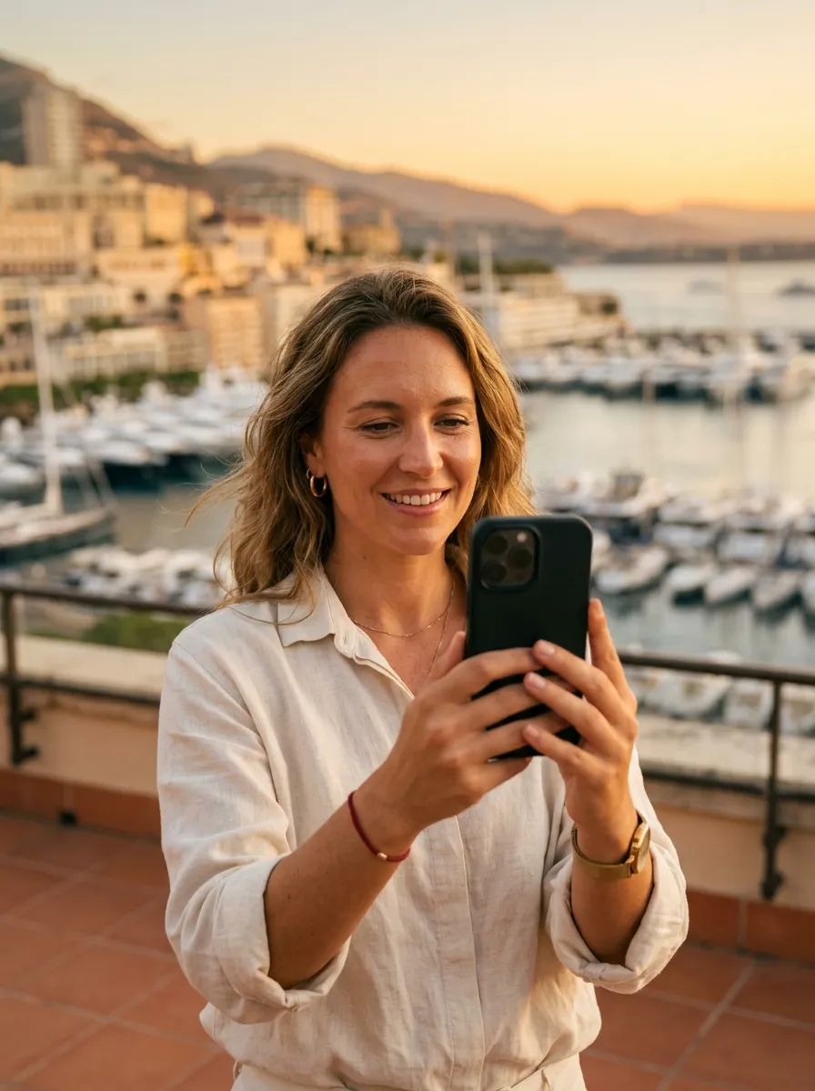 Creator smiling on a Monaco terrace at golden hour, holding a smartphone with the harbour behind her