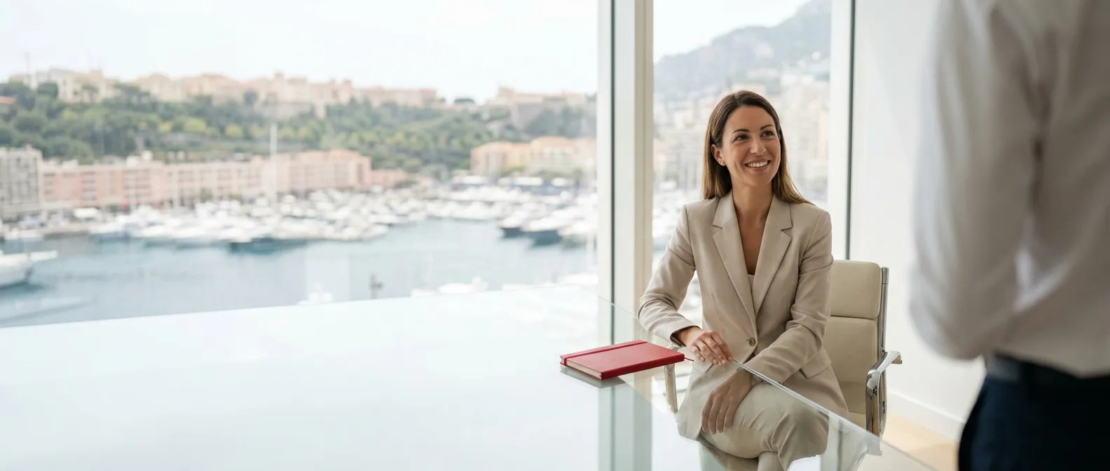 Colleague in a bright Monaco office overlooking the harbour, speaking with a visitor at a glass desk