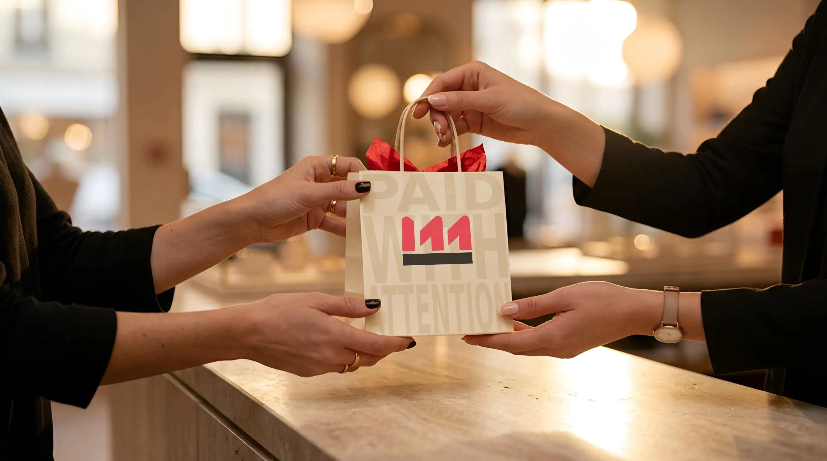 Shopping bag marked Paid with Attention handed over a boutique counter