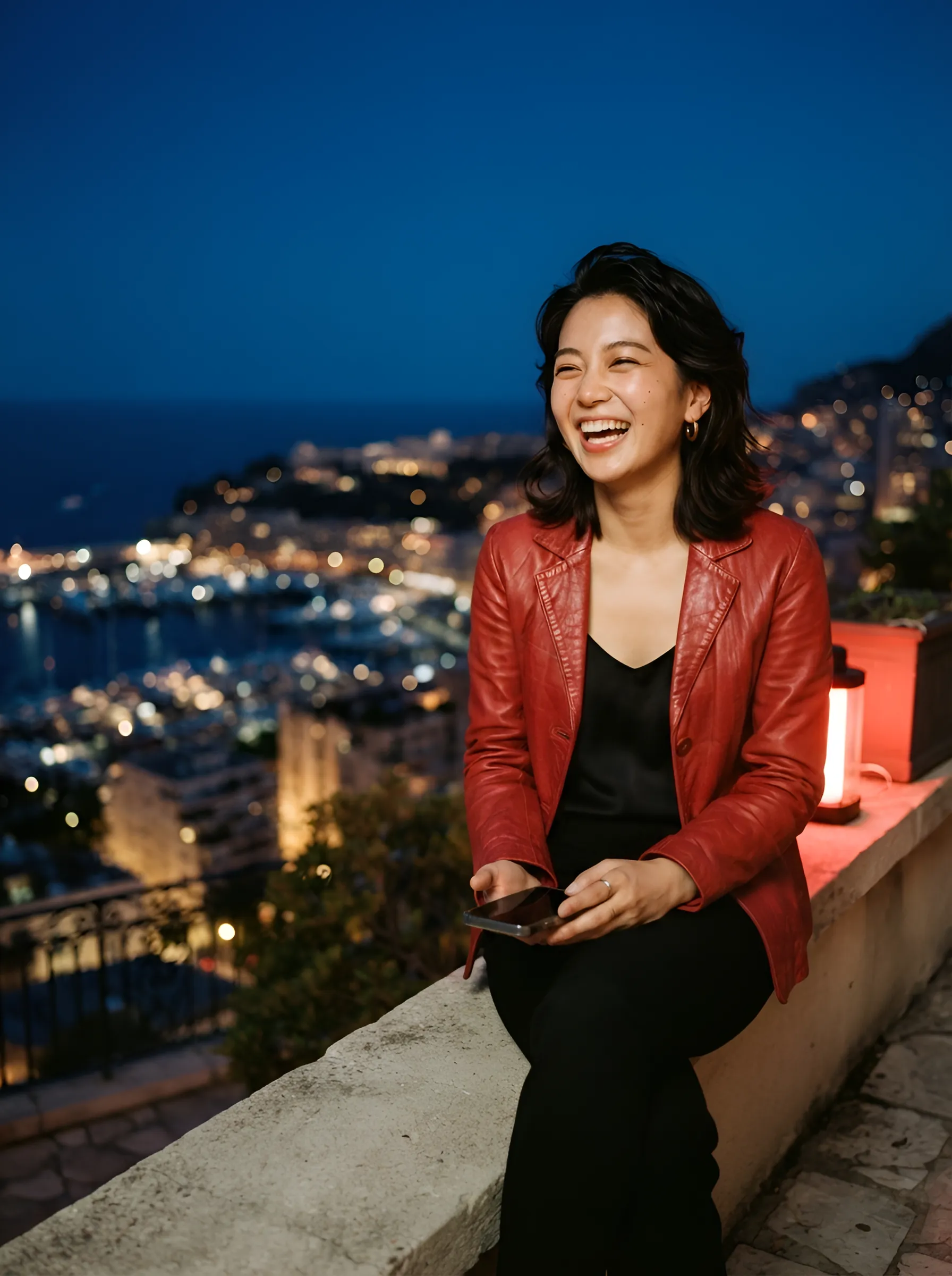 Young woman laughing on a night terrace overlooking a harbour, holding a phone