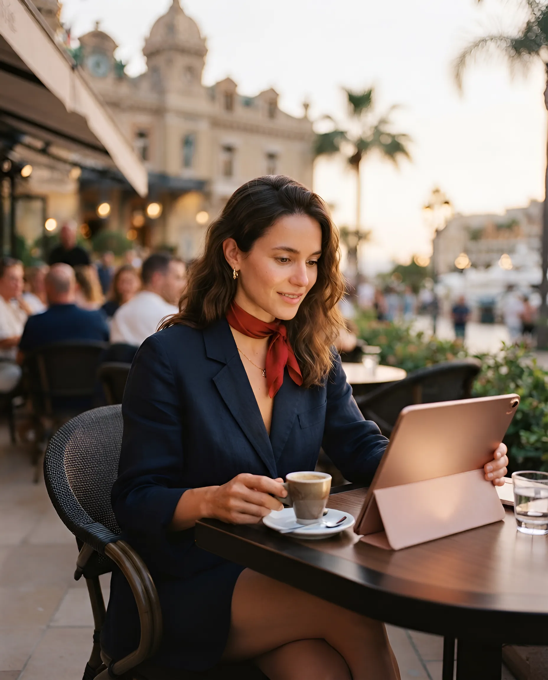 Viewer watching content on a tablet at a Monaco café